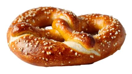 Salted pretzel with golden crust on a white background