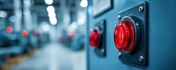 Close-Up of Red Safety Button on Blue Console in Factory Setting with High-Contrast Lighting