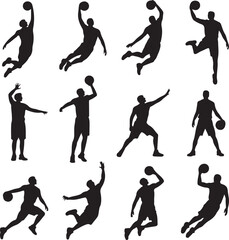 Bundle of Twelve Black Silhouette Basketball Players Performing Actions