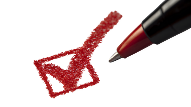 Red tick checkmark drawn with pen in checkbox on white background