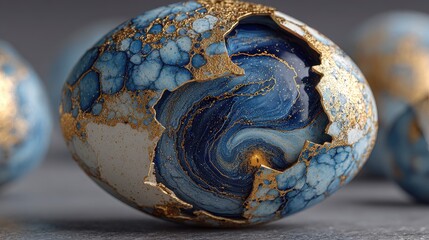 Cracked egg revealing swirling blue gold galaxy-like cholesterol patterns for medical education or nutrition awareness.