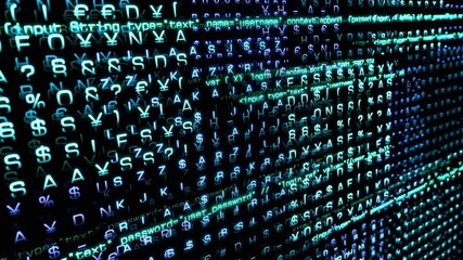 Encryption, random code and signs, computer language, big data. Bits and bytes, system, computer crime, malfunction, problem, science, technology. 3D animation - Powered by Adobe