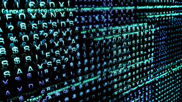 Encryption, random code and signs, computer language, big data. Bits and bytes, system, computer crime, malfunction, problem, science, technology. 3D animation