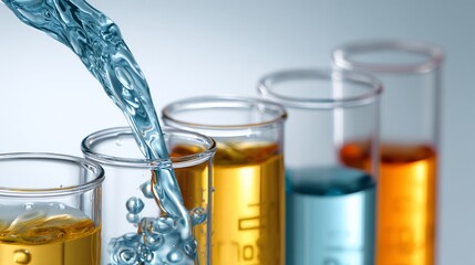 Liquid pouring into glassware for experiment in laboratory