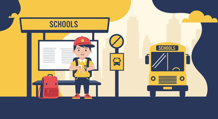 A young student waits at a school bus stop ready for the ride to school illustrated