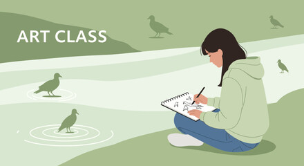 A young woman attends an outdoor art class while drawing birds near a green pond illustration