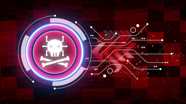 Danger Icon on Digital Hacker Screen. Skull Logo and Icon on Dynamic Technology Background. data processing data processing and computer circuit board. Adware Warning Text on hacking.