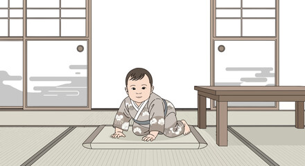 Adorable baby crawling on tatami mat in traditional Japanese room illustration