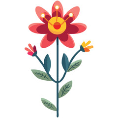 Stylized Floral Illustration A Vibrant Blossom with Geometric Petals and Whimsical Foliage on a White Background