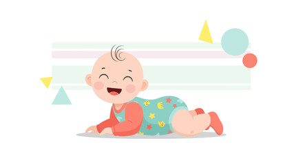 Adorable baby crawling on the floor with geometric shapes in the background illustration