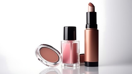 A beauty treatment set featuring a liquid highlighter, neutral lip gloss, soft brown eyeshadow, and a sleek foundation bottle, isolated on a white surface. Full frame .