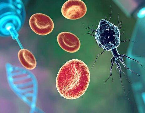 Medical illustration of blood cells and a virus/parasite