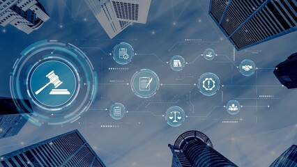 Futuristic digital law interface displaying justice scale, highlighting digital law, AI compliance, digital law systems, and digital law regulations for secure governance. Muxer
