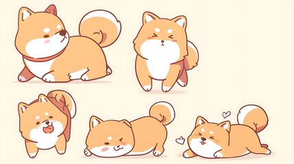 Kawaii Shiba Inu dogs in various poses. Hand drawn sticker vector set