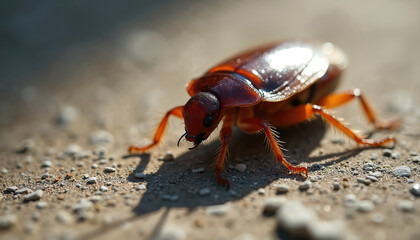 Close-up of shiny brown cockroach crawling on gritty concrete surface. Insect shows detailed antennae, legs, exoskeleton. Captures urban wildlife, resilience and adaptation themes.