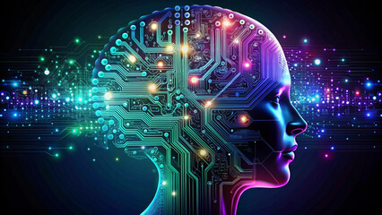 Abstract human head profile with glowing digital circuits and data streams