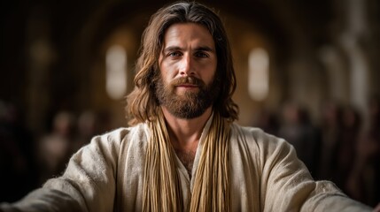 Obraz premium Full-body studio portrait of Jesus Christ in biblical robe with soft lighting and seamless background.