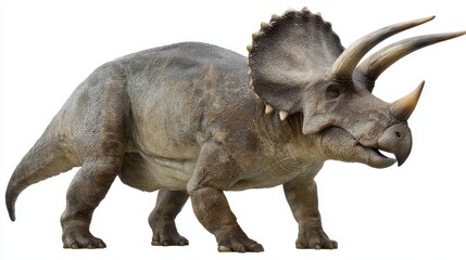 Obraz premium A three-horned dinosaur, Triceratops, standing against a plain white background.
