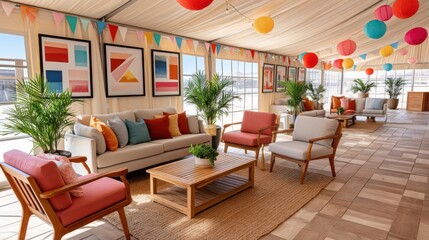 Elegant lounge set up with colorful decorations in a spacious event tent