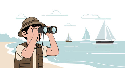 Obraz premium Adventurous Boy On The Beach Gazing At Distant Sailboats Through Binoculars