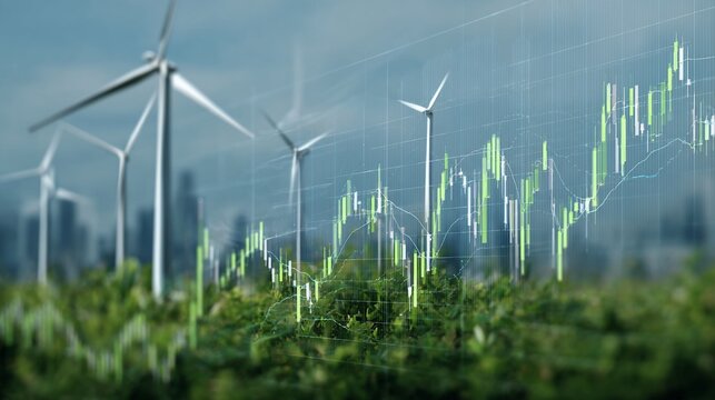 Wind turbines generate energy over trading data near city