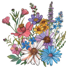 Colorful Floral Arrangement with a Variety of Blossoms and Greenery Botanical Illustration for Greeting Cards and Festive Designs