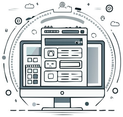 Fototapeta premium Computer Screen with Website Design Elements, Network Connections, Sketch Style