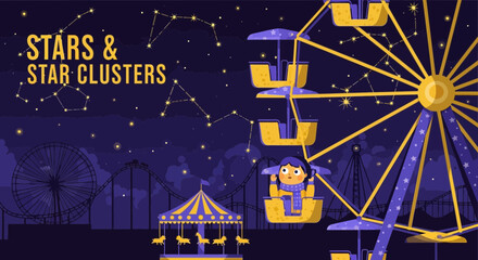 Naklejka premium Amusement Park Under Starry Night Sky Featuring Ferris Wheel And Merry Go Round