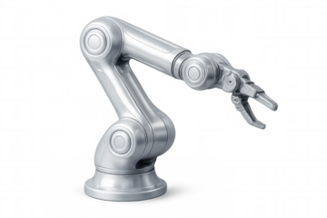 Metallic robotic arm extending its claw against a transparent background, ready for manipulation and automation tasks