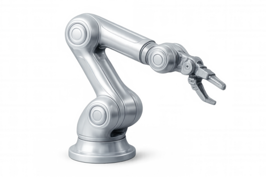 Metallic robotic arm extending its claw against a transparent background, ready for manipulation and automation tasks