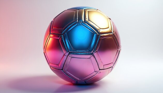 Soccer ball with metallic accents, holographic finish. Features shiny surface, vibrant colors, futuristic design. Perfect for sports, technology, innovation themes. Modern aesthetics, high-quality