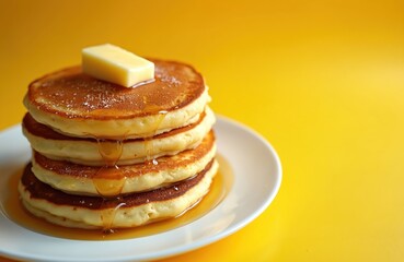 Stack of fluffy pancakes with butter and syrup on a white plate. Traditional Russian Shrovetide or American Pancake Tuesday meal. Delicious homemade breakfast or dessert, fresh yeast battercakes.