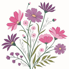 Pink and Purple Cosmos Flowers Bouquet Vector – Elegant Hand Drawn Botanical Illustration