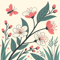 Minimal Pastel Flowers and Butterfly – Modern Botanical Vector Illustration