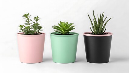 Fototapeta premium Three potted plants on white background showcasing indoor greenery and pastel colored flower pots for home decoration.