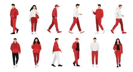 fashionable people in various standing and walking poses, wearing modern casual outfits in red and white color theme