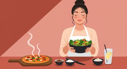 Woman makes healthy pizza salad and drink for a tasty and nutritious meal at home