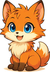 Adorable Watercolor Fox Cub Sitting with Blue Eyes A Charming and Joyful Animal Illustration Depicting Innocence and Happiness