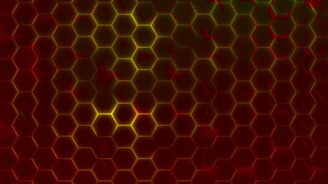 electric honeycomb beehive created in a futurstic sci-fi science and tech style metallic mesh with a warm orange, red, gold and yellow fiery glow and moody lighting as it the camera slowly zooms out