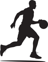 Black Silhouette of Basketball Player Running While Dribbling, Side Profile, Isolated on White Background