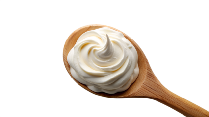 A swirl of creamy whipped cream on a wooden spoon, isolated on a transparent background, perfect for desserts, baking, and culinary creations