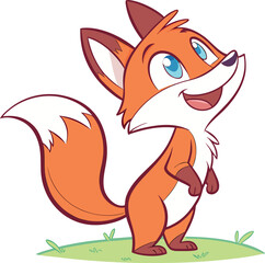 Playful Cartoon Fox Character Standing on Grass with a Cheerful Expression Looking Upwards in a Whimsical Style Illustration