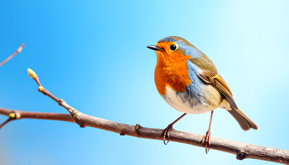 Fototapeta premium Vibrant European Robin Perched on Branch against Clear Blue Sky