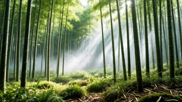 Serene Japanese Bamboo Grove with Lush Green Canopy