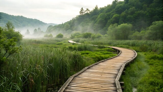 Wooden Pathway Through Lush Green Marshland on a Foggy Morning: A Serene Nature Escape and Outdoor Adventure.