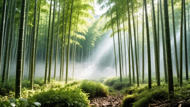 Tranquil Bamboo Forest with Sunbeams and Misty Atmosphere