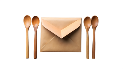 A brown kraft paper envelope with a folded flap, surrounded by four small wooden spoons, isolated on transparent background