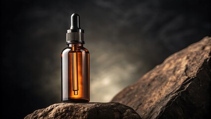 Amber Dropper Bottle with Liquid on Natural Rock Surface Against a Textured Dark Backdrop.