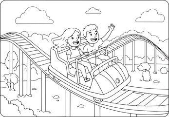 Obraz premium Line art illustration of a couple riding a thrilling roller coas