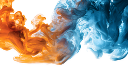 Orange and blue smoke wave swirling on a white background